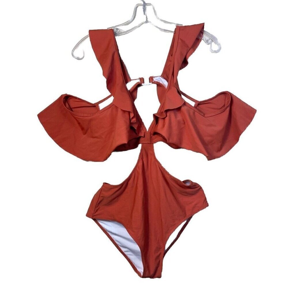 Cupshe Women's Cutout One Piece Swimsuit Size Medium Wireless Dark Coral Ruffles